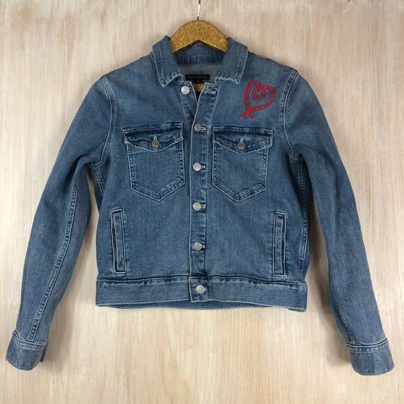 J Crew Mercantile Blue Cropped Denim Jacket Embroidered Heart Cute Casual XS - Picture 1 of 12